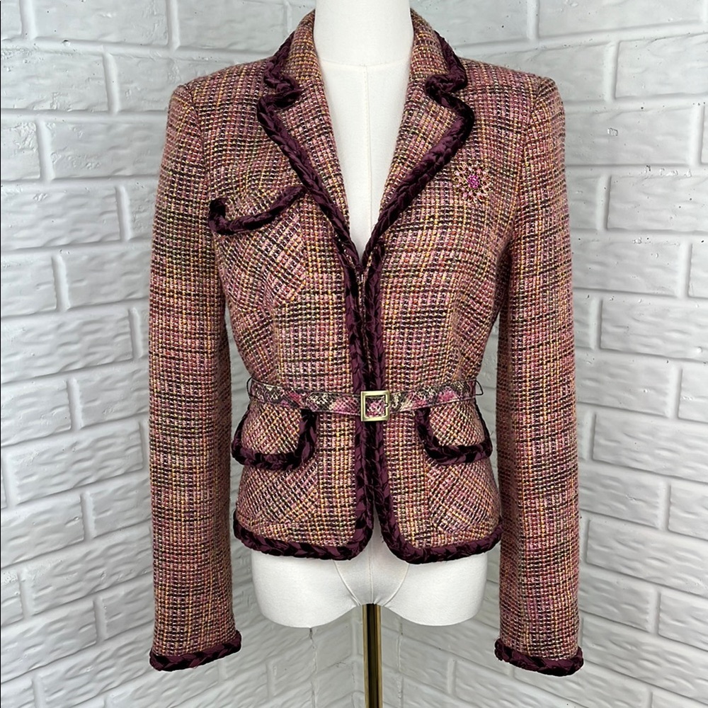 ALLEN B. BY ALLEN SCHWARTZ TWEED BLAZER VELVET BRAID BROOCH BELT SZ 4 Made USA